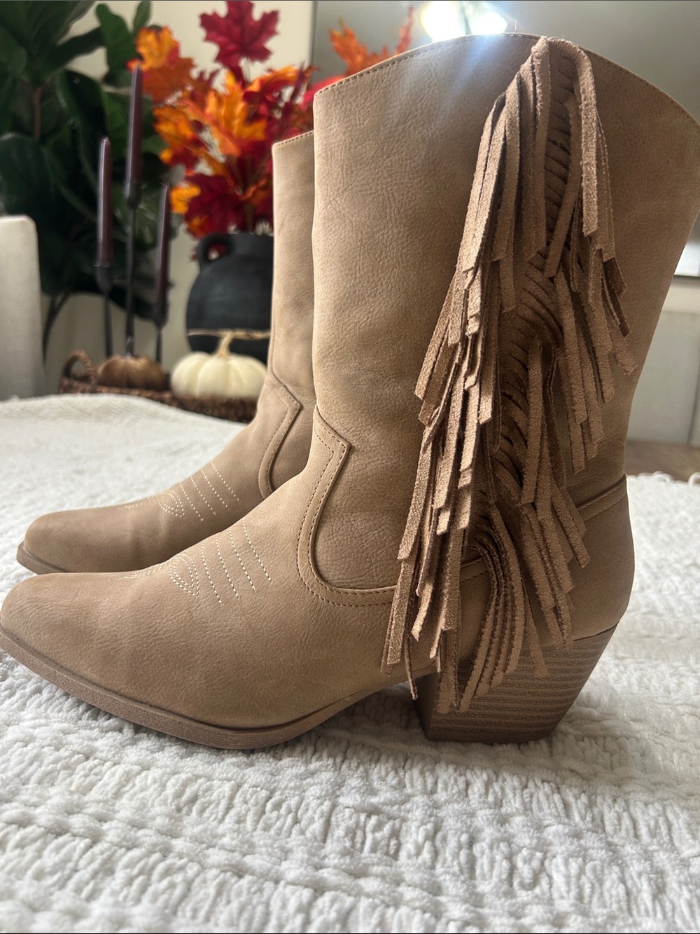 Fringe Western Boots in Tan with Stacked Heel